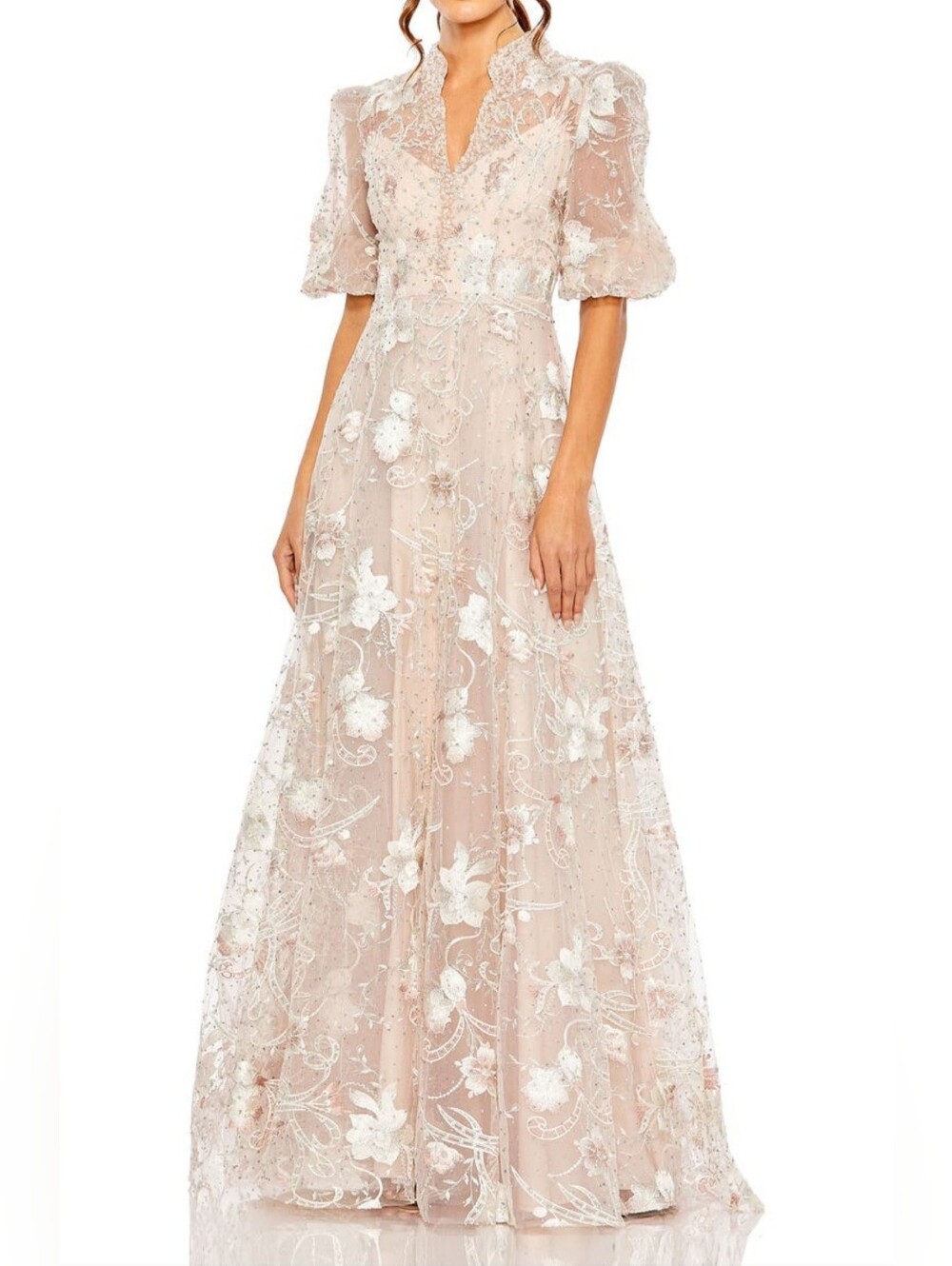 Mac Duggal Embroidered Floral Puff-Sleeve Dress in Blush Size 8